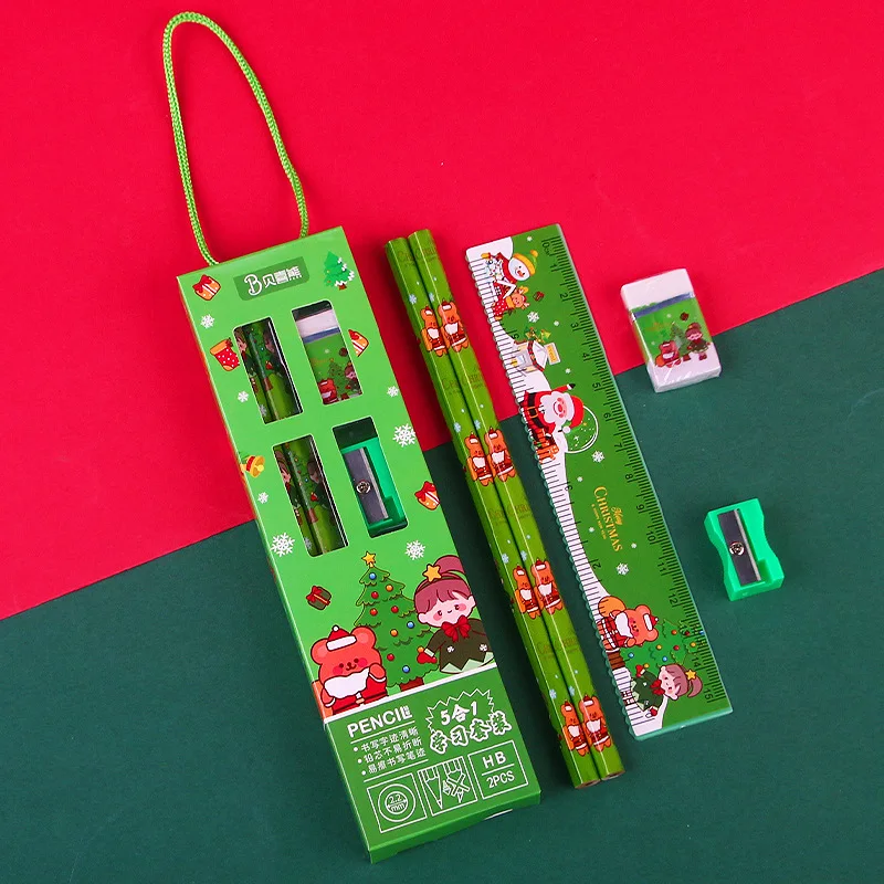 5 Pcs Christmas Stationery Set Kids Cartoon Pencil Set Rubber Pencil Sharpener For Kids Gift Back To School Supplies