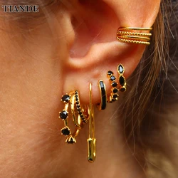 TIANDE Black CZ Zircon Women's Earrings Set Fashion Copper Gold Color Hoop Drop Earrings for Women 2023 Jewelry Wholesale