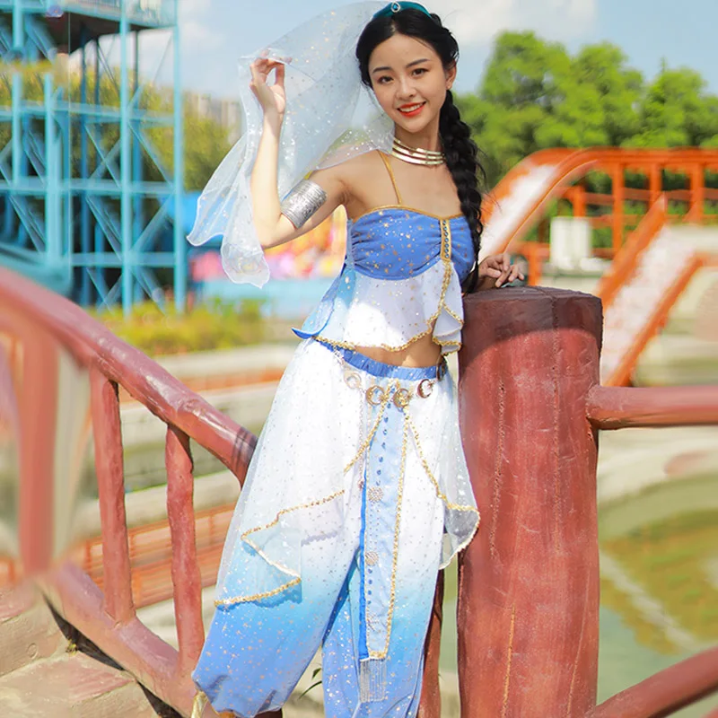 thumbnail image 2 of ORIDOOR Women's New Aladdin Jasmine Princess Belly Dance Halloween Costume Set Belly Dance For Dress Up Party 5 Piece Outfit Large, Malachite Blue 2 of 14