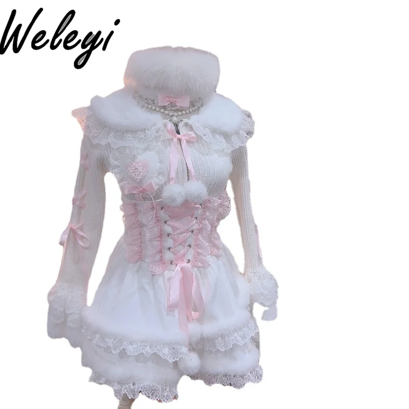 

Lolita Soft Girl Lace Bow Skirt Set 2 Pieces Set Sweet Tie Up Sleeves Waist Slimming Top and Short Skirts Outfits for Women