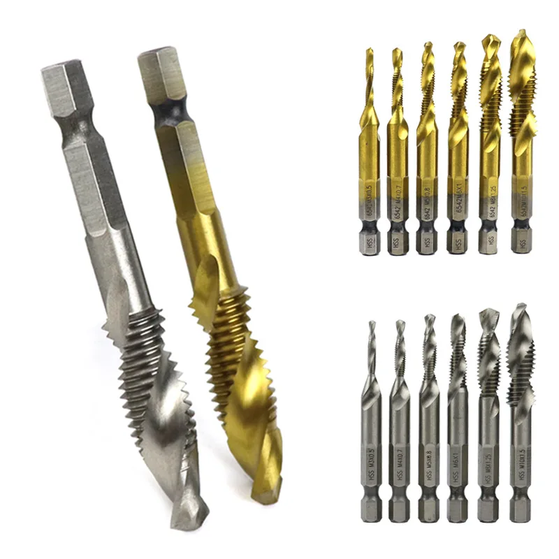 6PCS Screw Tap Drill Bits Tap Counter Sink Deburr Metric Hex Shank High Speed Steel Spiral Opening Tapping Chamfering Tool