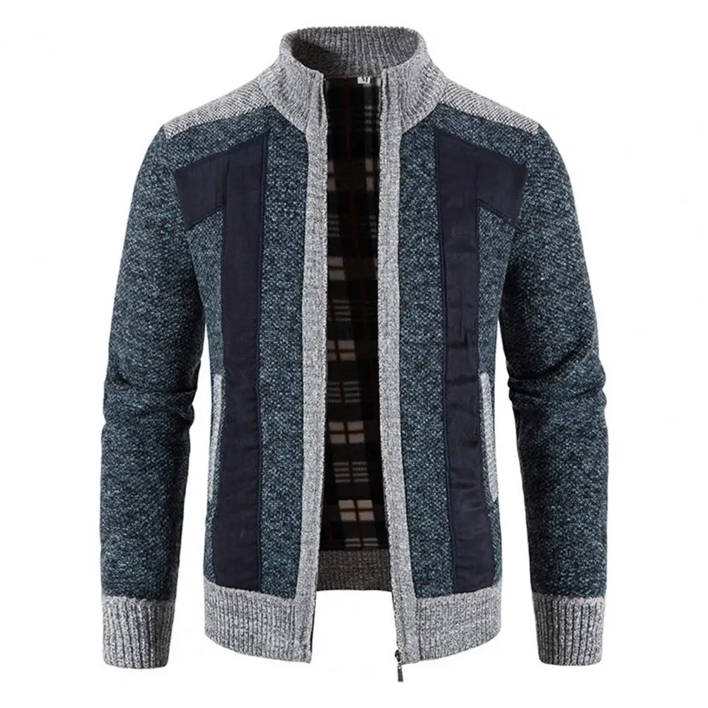 

Knitted Men Jacket Plush Contrast Colors Patchwork Thicken Long Sleeves Plus Size Stand Collar Plush Warm Coat Winter Jacket
