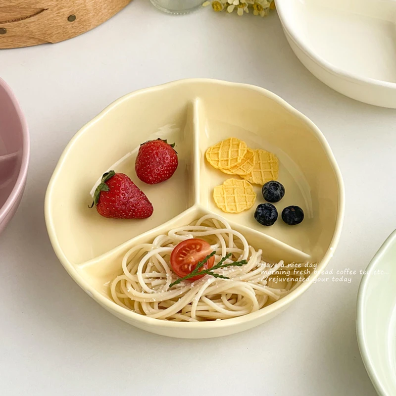 Exquisite Divided Plate High-end Household Ceramic Plates Solid Color Large Capacity Breakfast Dish Simple Fruit Salad Tableware