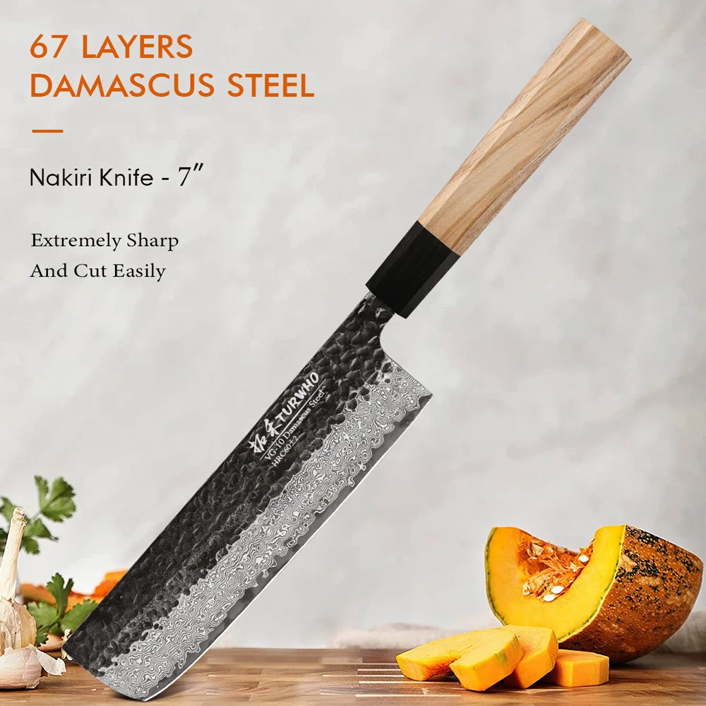 

TURWHO Japan 7 " Nakiri Knife 67 Layer Damascus VG10 Steel Core Chef Knives Cut Meat Fish Vegetables Hand Forged Kitchen Knives