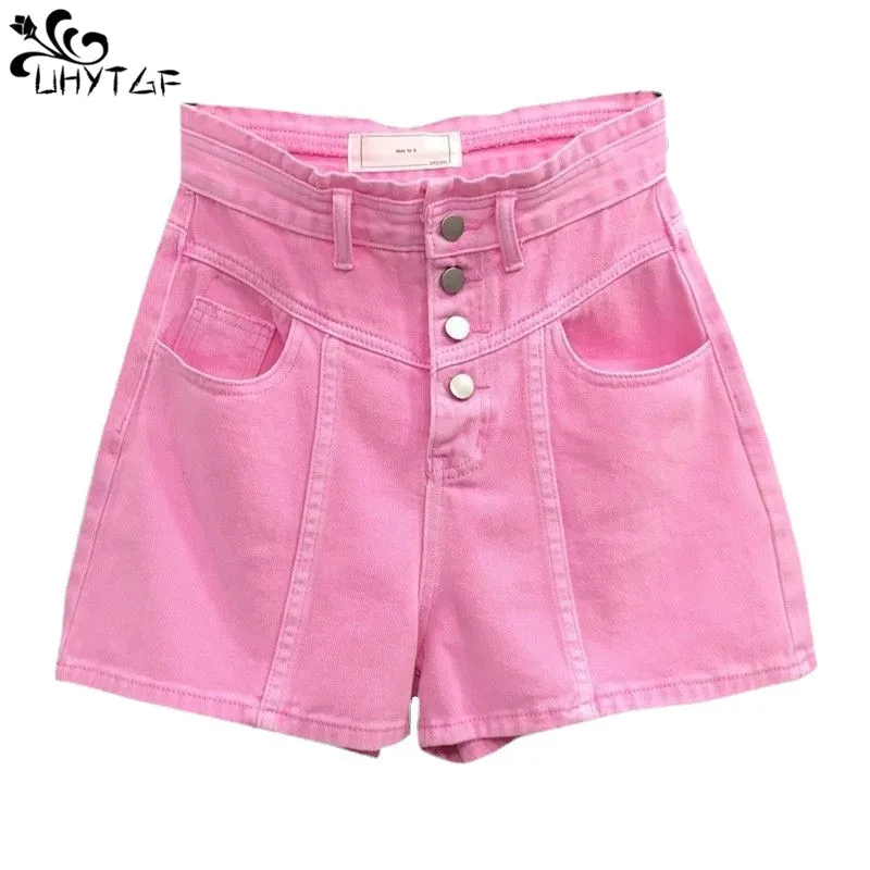 

UHYTGF Denim Shorts 2023 New Summer Fashion Single Breasted Wide Leg Pants Loose Display Thin A-Line Pink Women's Shorts 188