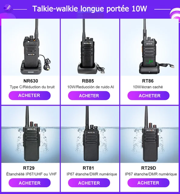 Retevis RT29 Talkie Walkie Longue Portée, IP67 Étanche Talkie-Walkie  Professionnel, 3200 mAh, Rechargeable Haute Puissance Talky Walky pour la  Sécurité, Chantier de Construction (2 Pièces, Noir) : : High-Tech