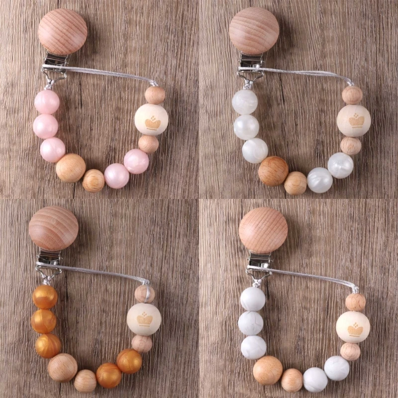 

Cute Wooden Beads Pacifier Holder with Clip Wooden Teething Toy Modern Unisex Baby Shower Birthdays Christmas Gift