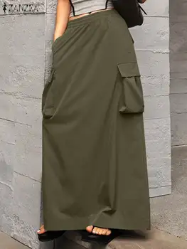 ZANZEA-Jupe Longue Cargo Vintage pour Femme, Tenue Élégante de Bureau, Grandes Poches, Taille artificiel astique, Streetwear, Automne 2024