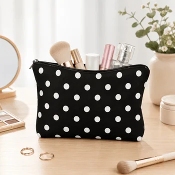 Elegante Borsa per il Trucco a Pois in Poliestere, Pochette Cosmetica Portatile con Cerniera, Beauty Case