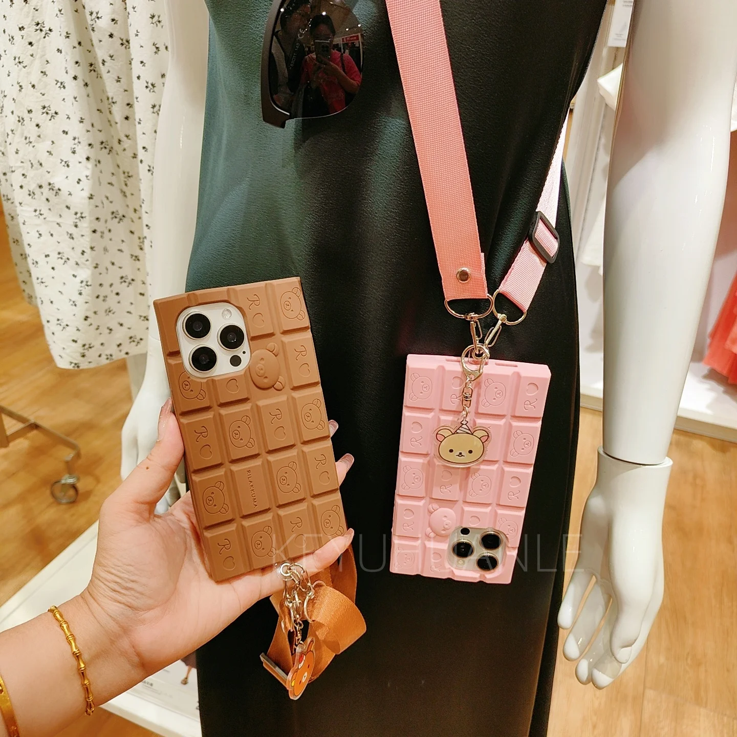 3D Chocolate Silicone Cartoon Bear Crossbody Phone Case with Strap Lanyard