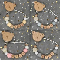 Custom Personalized Name Handmade Beech Pacifier Clips Holder Chain Silicone Crown Bead Nipple Teether Baby Teething Shower Gift