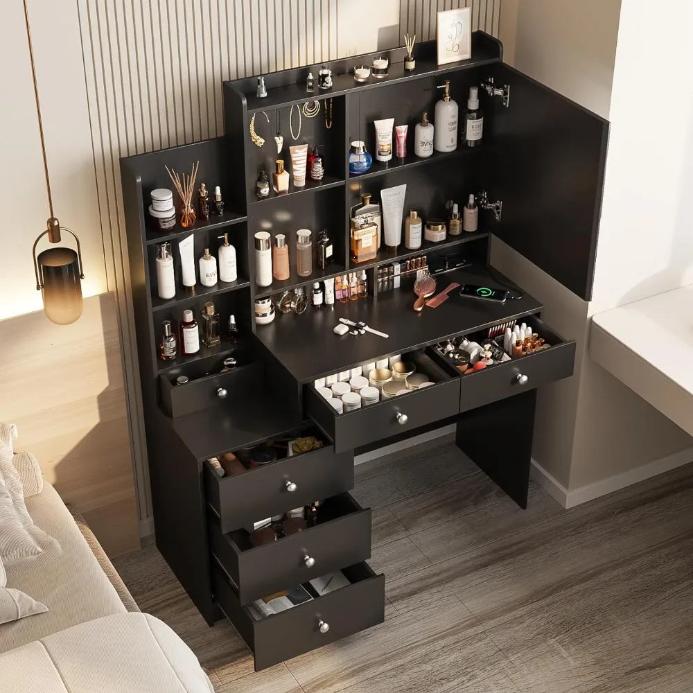 Vanity Desk with Mirror and Lights,Makeup Vanity with 6 Drawers and Shelves,Vanity Table Power Outlet,Makeup Desk