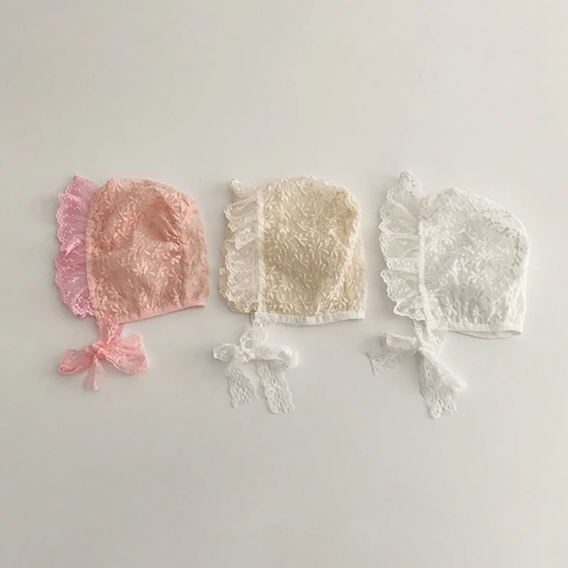 

Baby Girls Lace Mesh Princess Hat Embroidery Sun Protections Fetal Caps for Infants 0-12 Month Daily Party Bonnet