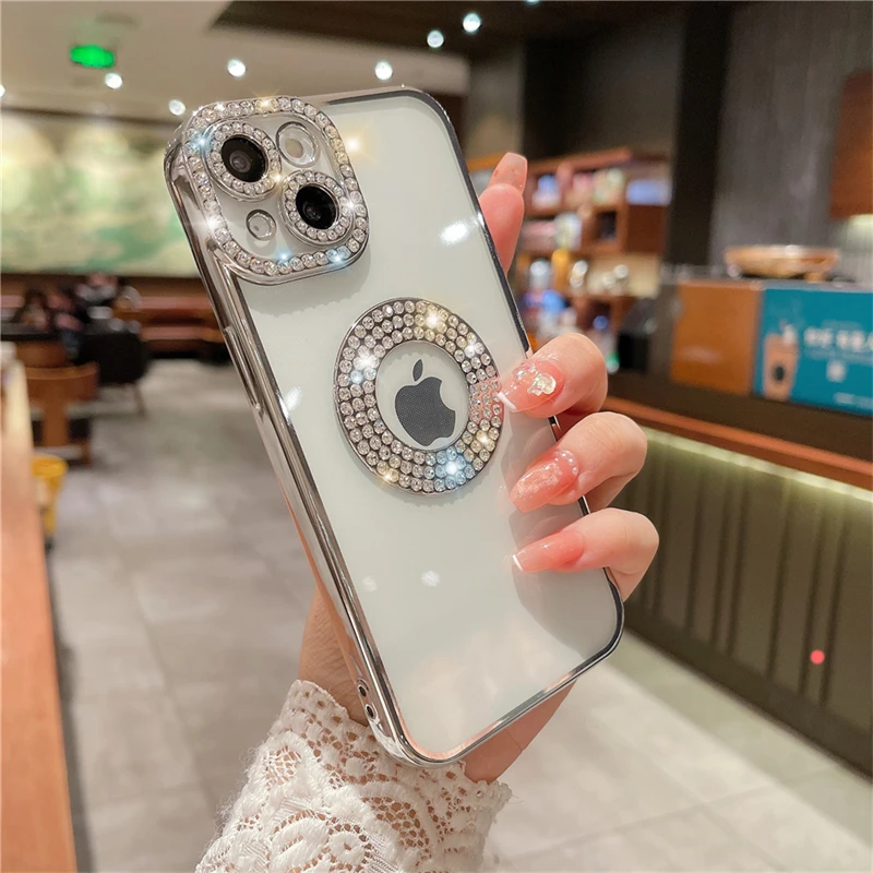 Luxury Plating Glitter Diamond Clear Phone Case For iPhone 16 Pro Max 15 14 13 12 11 Plus Soft Rhinestone Bling Shockproof Cover