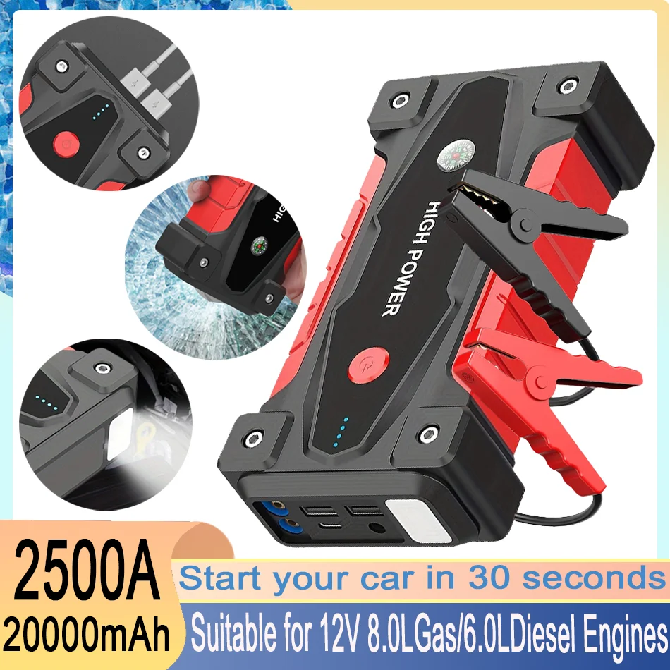 2500A Car Emergency Battery Booster for 8.0L Gas/6.0L Diesel Engines Built in Safety Hammer QC3.0 Fast Charging Dual USB Ports