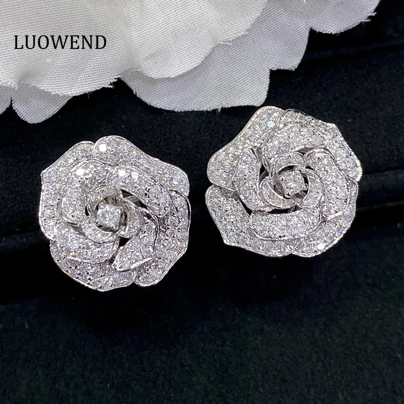 LUOWEND 18K White Gold Earrings Real Natural Diamonds 2carat Stud Earrings Luxury Camellia Flower Shape Wedding Fine for Women