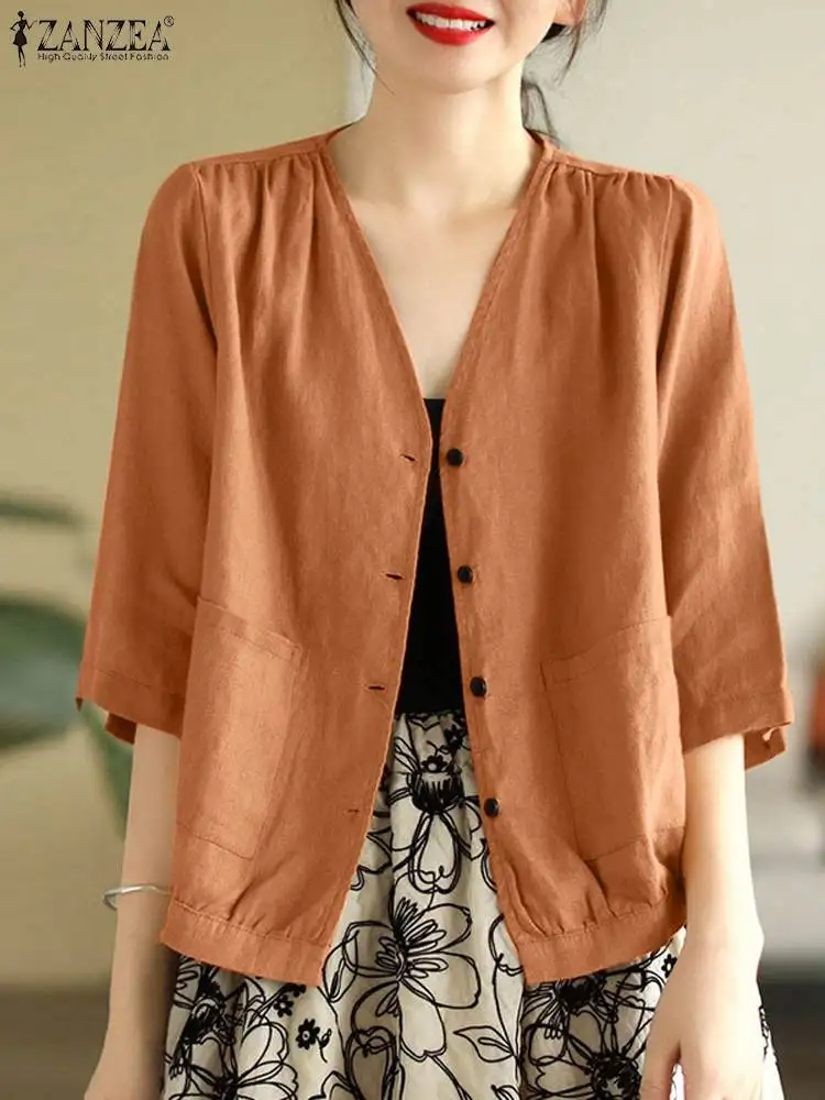 

ZANZEA Spring Cardigan Women Vintage Cotton Shirt Summer Casual Loose Work Tops Solid Buttons Blusas V Neck 3/4 Sleeve Blouse