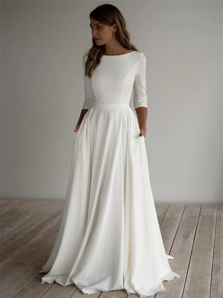 

A-line Crepe Modest Wedding Dress Three Quarter Pockest Sweep Train Floor Length Simple Elegant Informal Boho Bridal Gowns