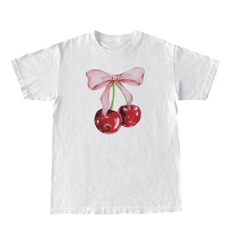 Cherry Bow Printed Vintage Women’s Tee – Trendy Cottagecore Aesthetic Short Sleeve Top
