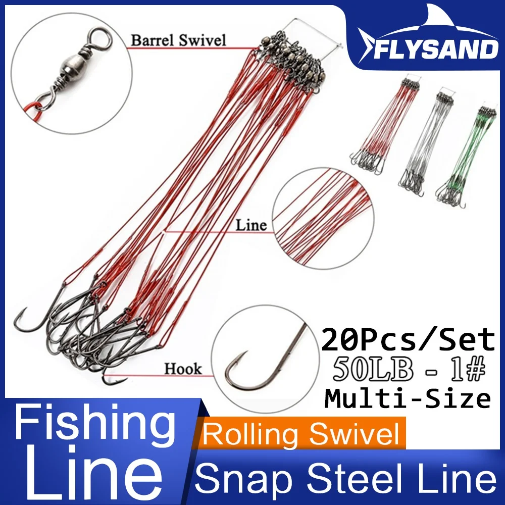 FLYSAND Anti Bite Steel Fishing Line Steel Wire Leader WIth #1 Hook ...