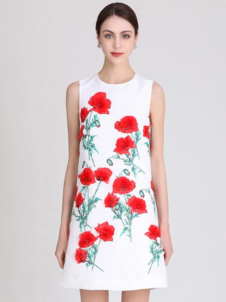 

MoaaYina Fashion Designer Spring Summer New Woman's dress Sleeveless Beading Flower Printing Mini Dresses