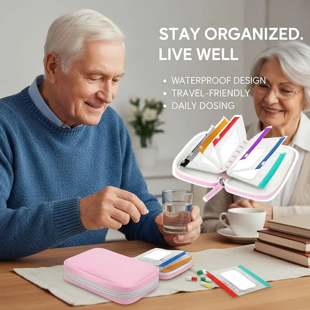 Waterproof Color-Coded Travel Pill Organizer Case with Reusable Pouches – Weekly Medicine Storage System