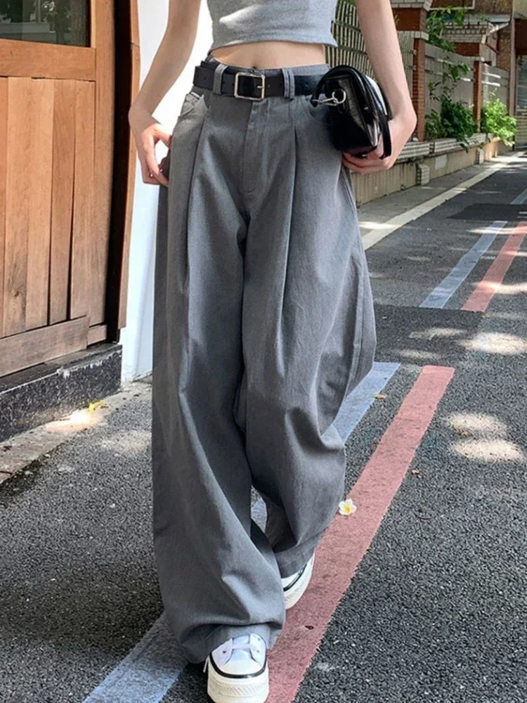 Deeptown Vintage Korean Style Grey Wide Pants Women Y2k American Retro Baggy Trousers Kpop 90S Grunge Oversize Loose Pantalons houzhou blue cargo jeans women y2k vintage oversize wide leg denim pants harajuku 90s streetwear baggy trousers hippie pantalons