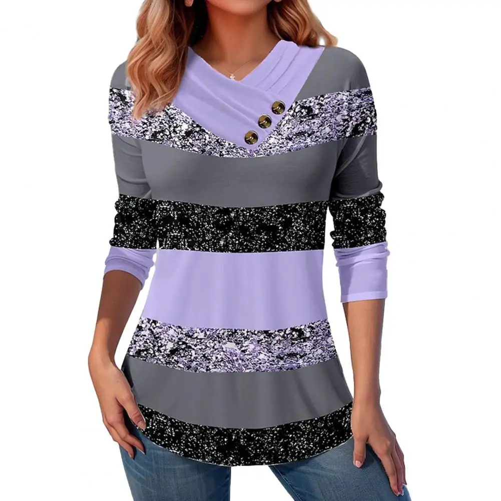 

V-neck Women Blouse Top Colorblock Button Decor 3d Print Long Sleeve Mid Length Pullover Women's Blouse Fall