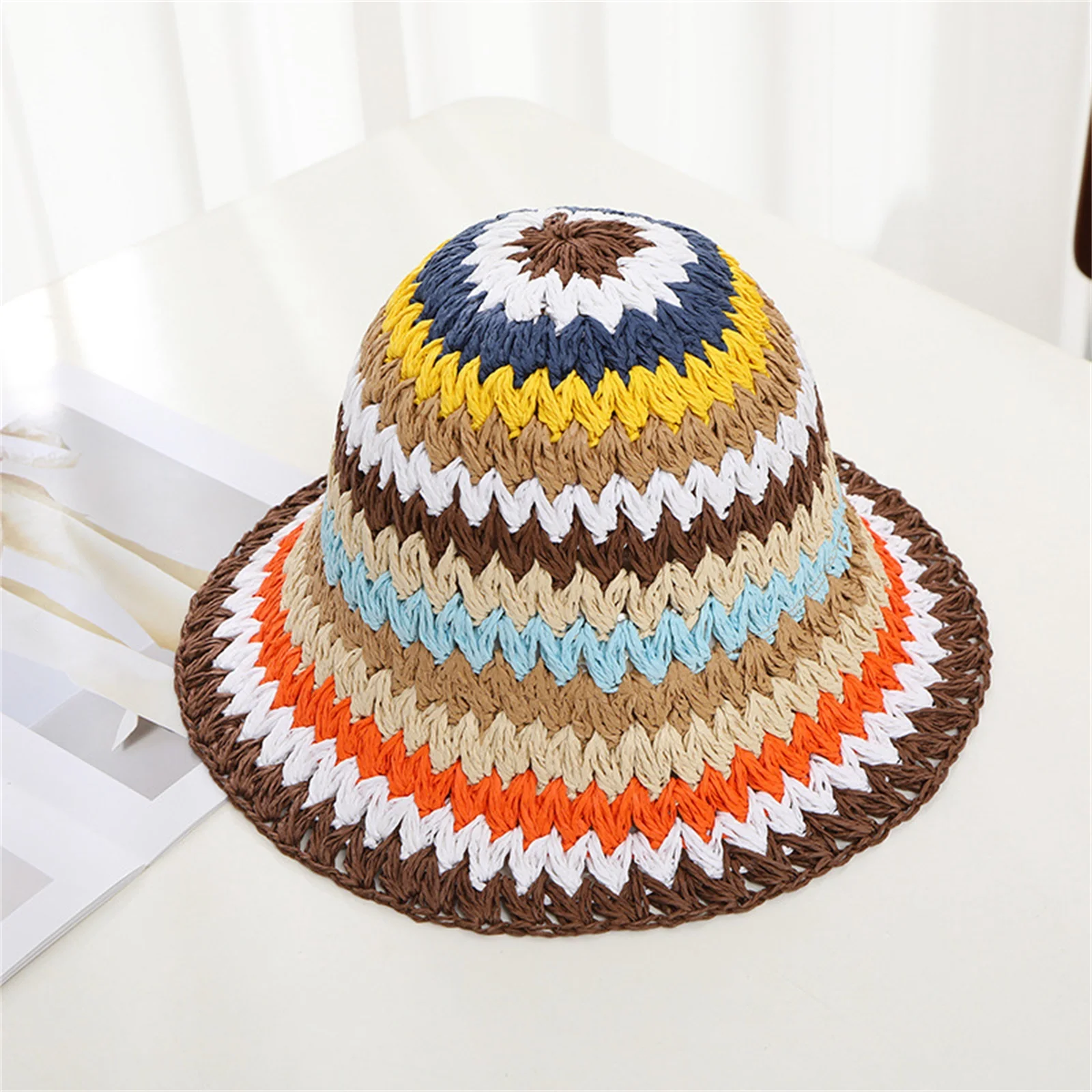 

Women Rainbow Stripe Straw Hats 2023 New Summer Breathable Sun Protection Beach Basin Cap Seaside Holiday Travel Fisherman Hat