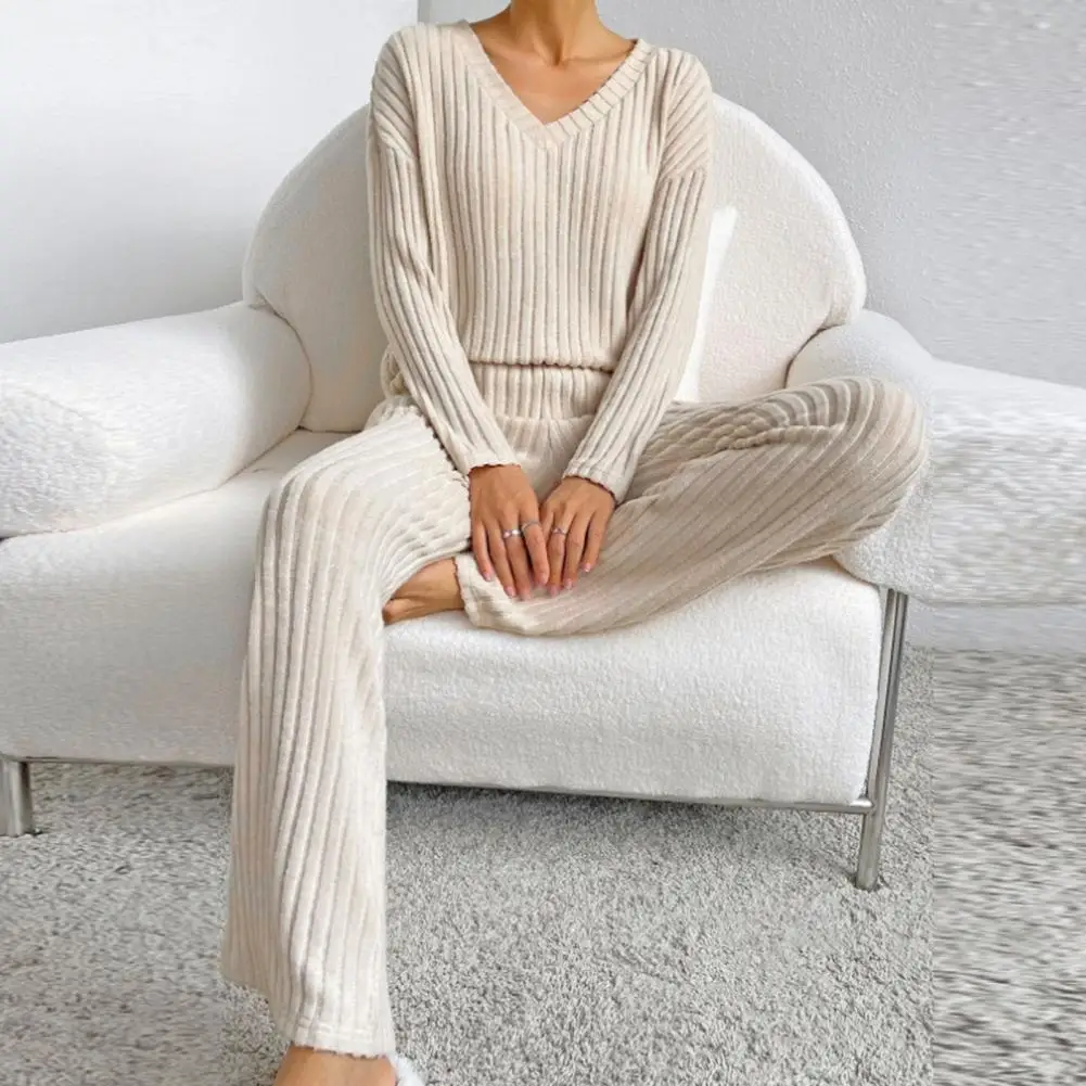

Winter Pajama Set Cozy Knitted Sweater Pants Set Stylish V Neck Loose Fit Elastic Waist Pockets Homewear for Fall/winter Ribbed