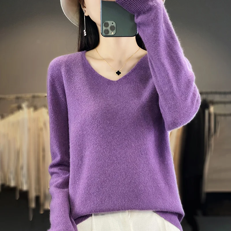Women 100% Merino Wool Sweater V-Neck Basic Pullover Autumn Winter Cashmere Clothing Long Sleeve Soft Knitwear Tops Solid Color 5