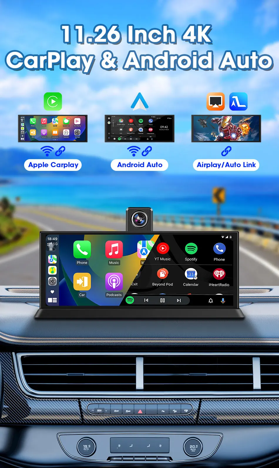 Description Picture 3 of itemJanstie 11.26 inch Car DVR 4K Camera Rotatable Lens Carplay Android auto Screen Dash Cam Video Recorder GPS Navigation Dashboard