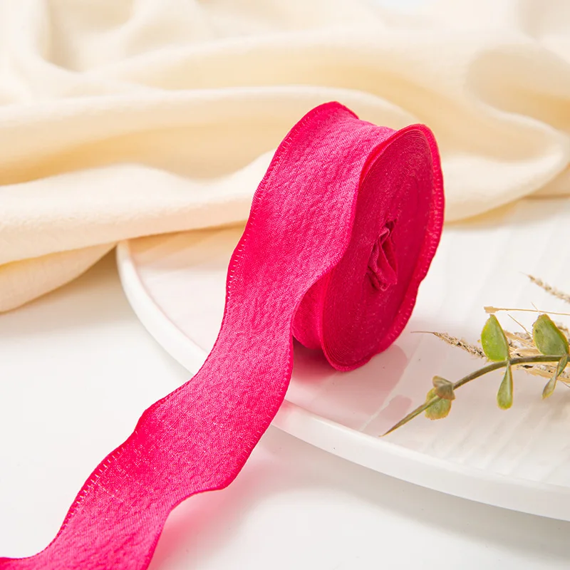 Elegant Wrinkled Lace Edge Silk Ribbon - 10 Yards for DIY Crafts and Decorative Projects