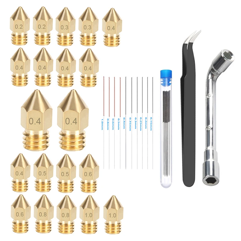 

20PCS Premium MK8 Brass Nozzle 0.2 0.3 0.4 0.5 0.6 0.8 1.0mm Wrench Cleaning Nozzles Tool for Creality CR-10 10S Ender 3 5 KP3S