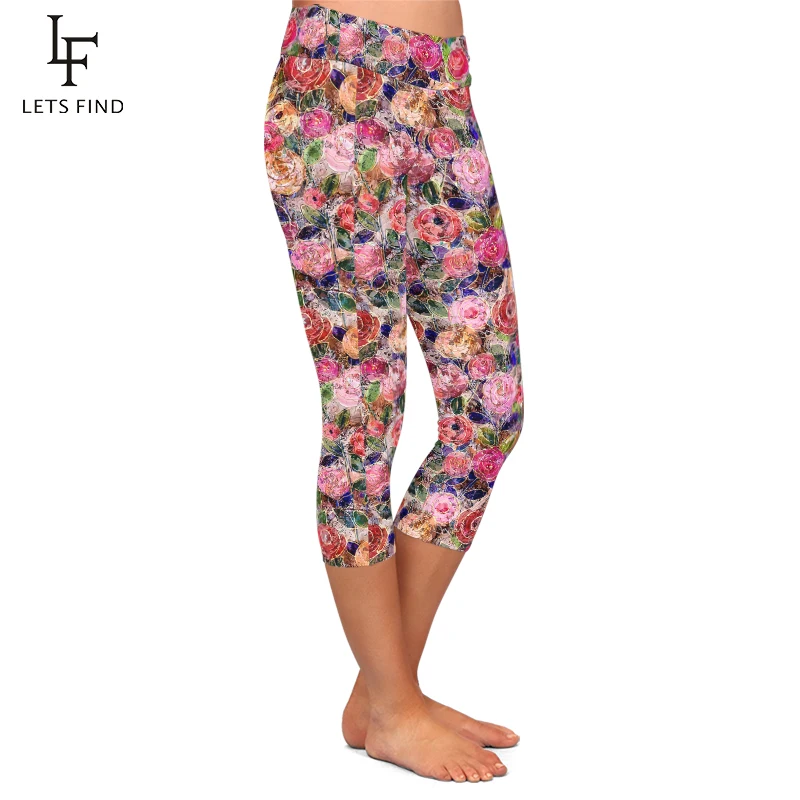 LETSFIND Summer New Women Fitness Capri Leggings High Waist 3D Colorful Flower Print Fitness Sexy Girls Mid-Calf 3/4 Pants