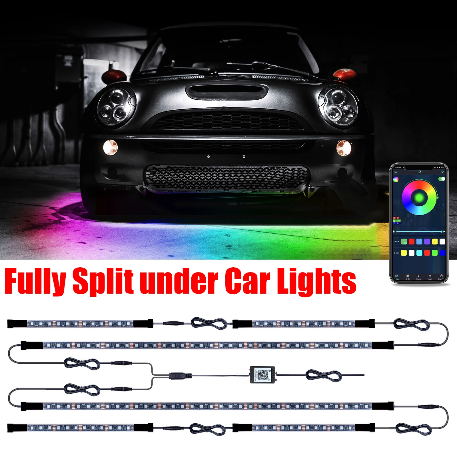 JMTBNO 6-Piece RGB LED Strip Under Car Underglow Kit – Multicolor Neon, APP/RF Remote