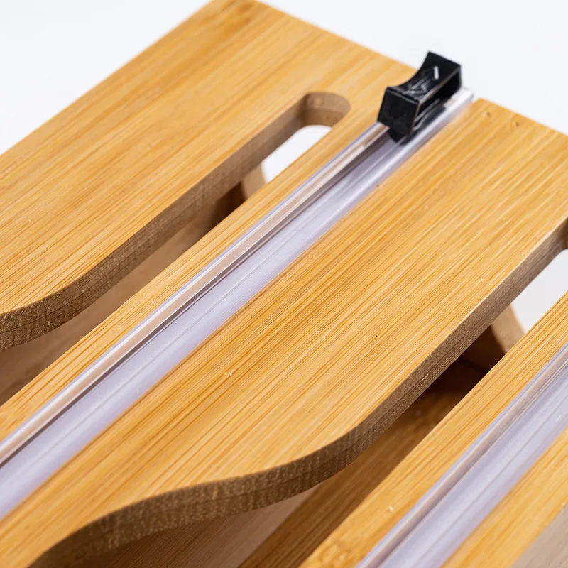 Natural Bamboo Wrap Cutter Wall Mounted Multi-Slot Foil and Wrap Dispenser Kitchen Countertop Organization