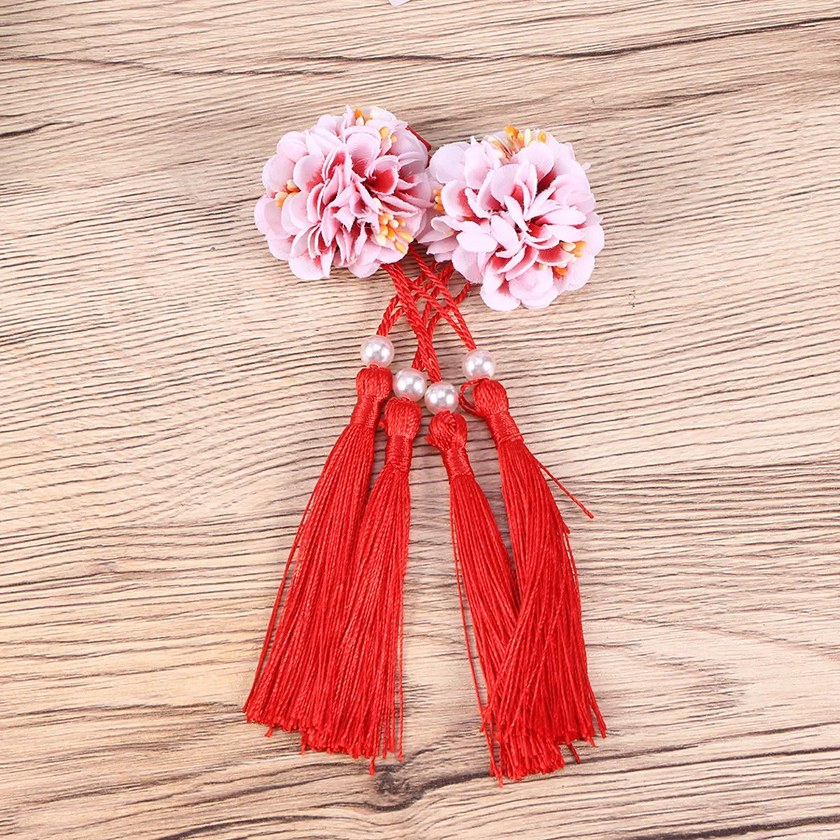 2Pcs Tassels 헤어 클립 꽃 모양 긴 천 머리핀 스타일 헤어 액세서리 그라데이션 레드 데일리 착용