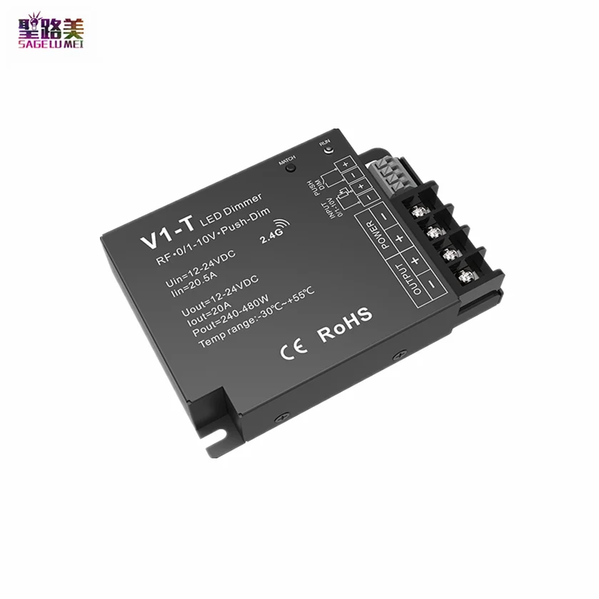 

V1-T 20A*1CH 12V-24VDC CV RF /1-10V/Push-Dim 3in1 Dimming Controller Dimmer Auto-transmitting/Synchronize For Single color tape