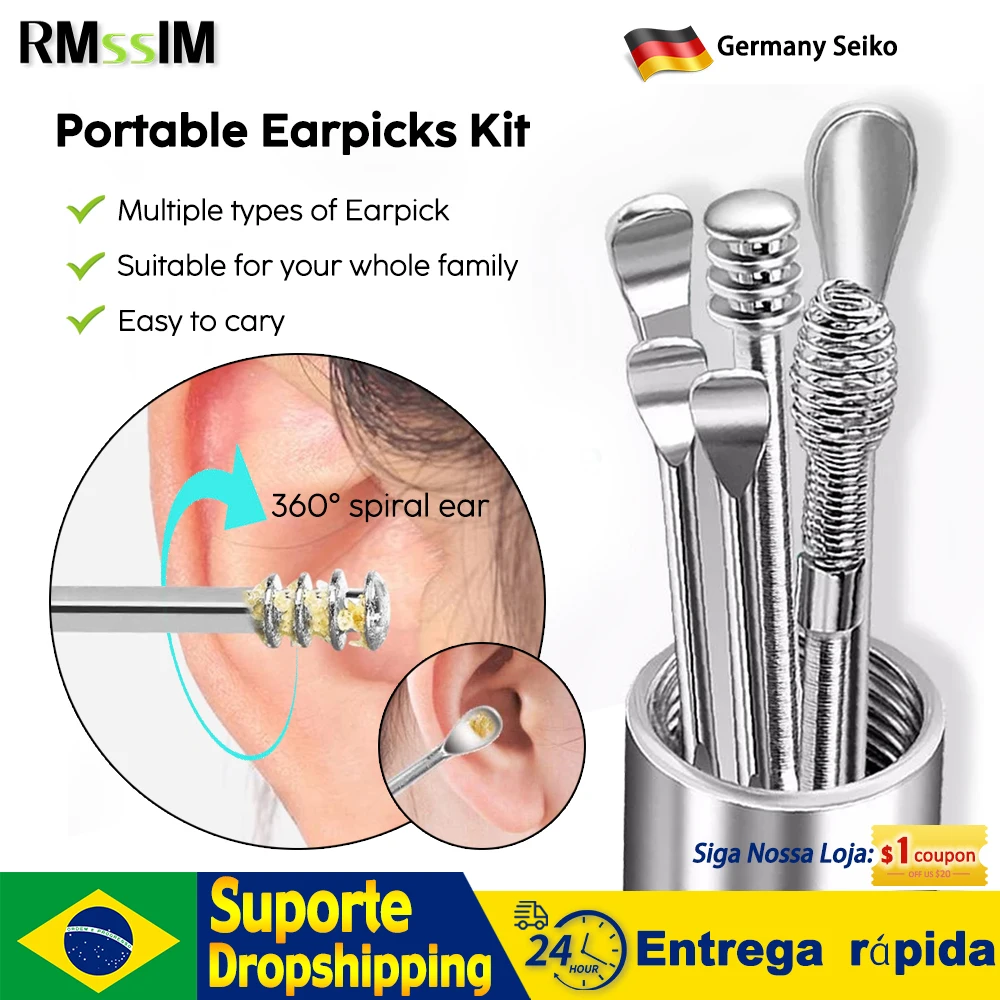 Espiral Ear Cleaner Set, Earpick, Removedor De Cera, Colher, Cureta