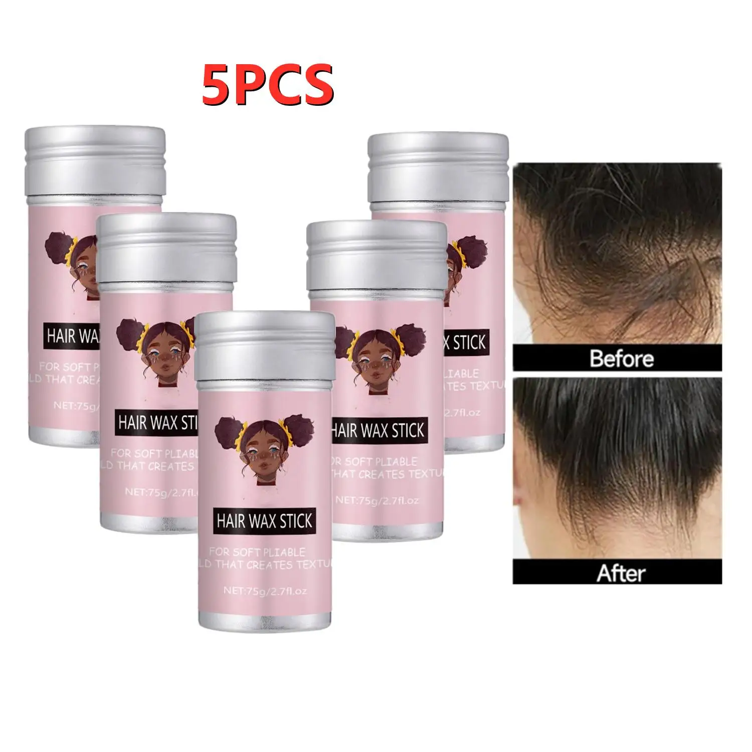 5PCS Wax Stick Slick Back Broken Hair for Black Women Styling Gel Sleek Frizz Fixed Hair Wig Finishing Pomade 75g black white lock loose b 5 200mm retractable buckle binding wire finishing and fixing repeatedly using strap