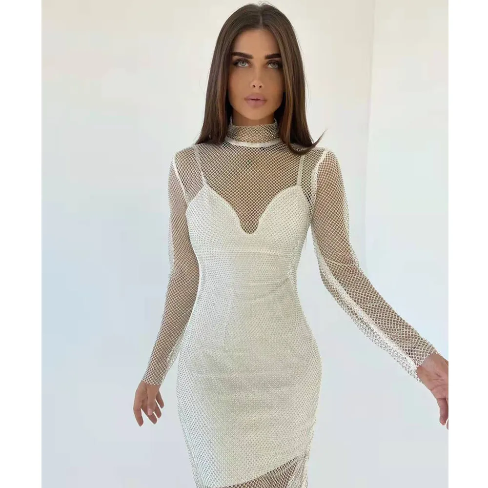 

New Women Summer Sexy Turtleneck Diamonds Crystal Sparkly Beige Bodycon Bandage Dress 2022 Elegant Evening Party Dress Vestido