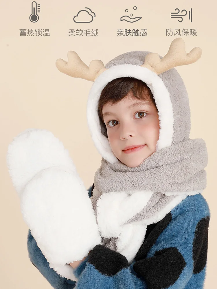 Children's all-in-one hat scarf and gloves for boys and girls to keep warm cold-proof Christmas suit available for