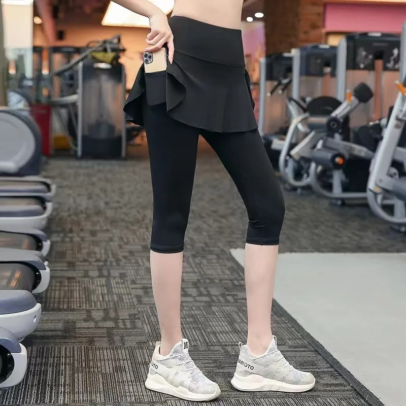 4XL Open Crotch Fake Two Piece Panties with Front Back Pockets Outdoor Fitness Pants Cropped Trousers Sporty Crotchless Clubwear