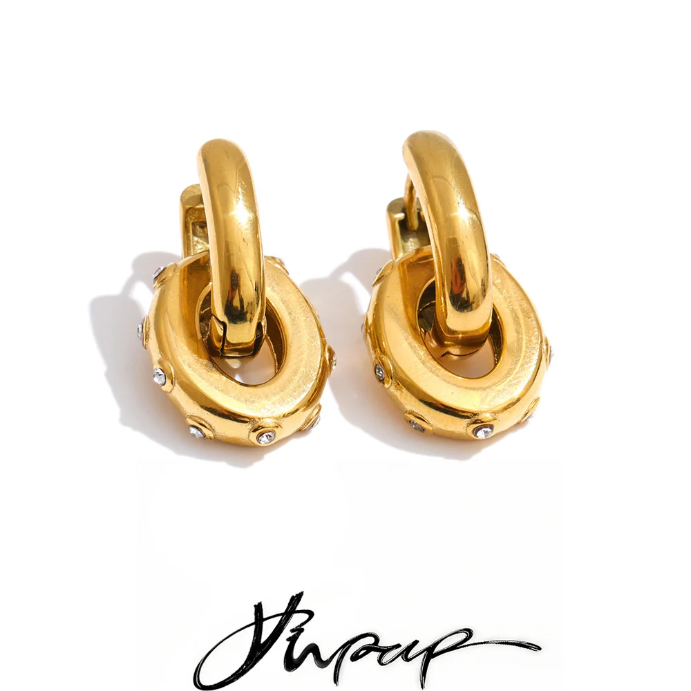 Yhpup Stainless Steel Oval Drop Hoop Earrings 18K Gold Color