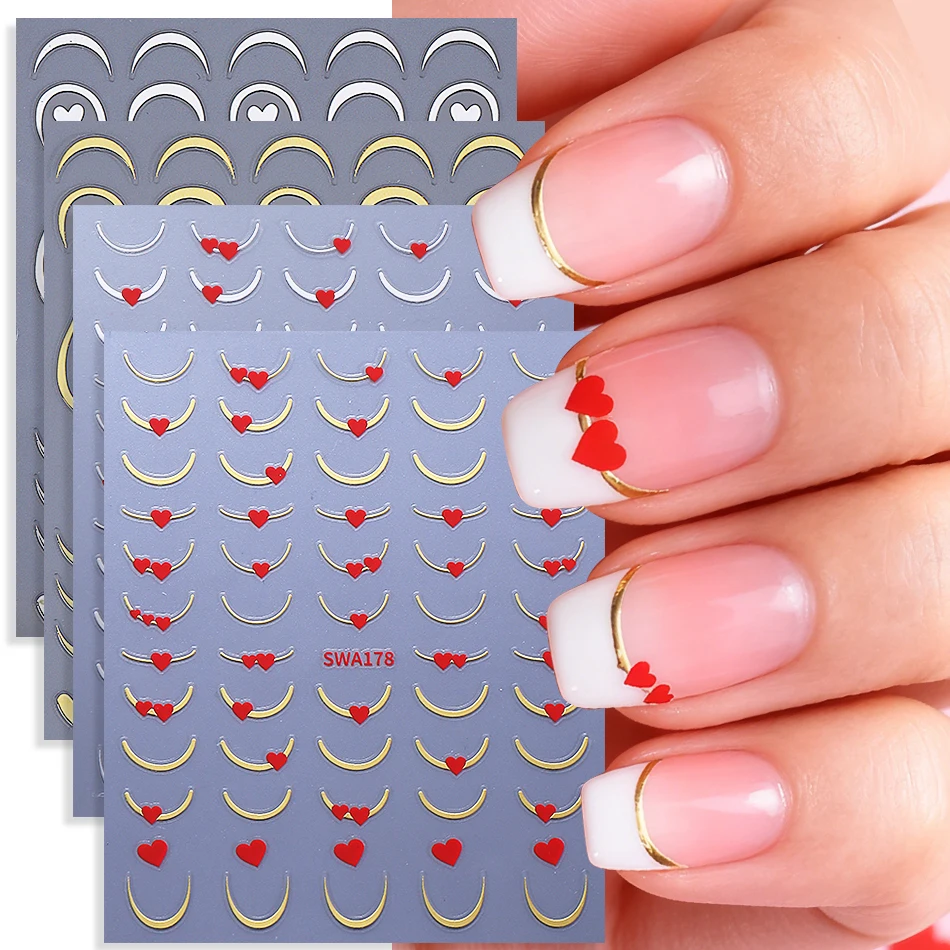 4pcs Metal French Line Nail Stickers Red Love Heart Striped Line Adhesive Slider Nail Decals DIY Valentine's Manicure Decoration