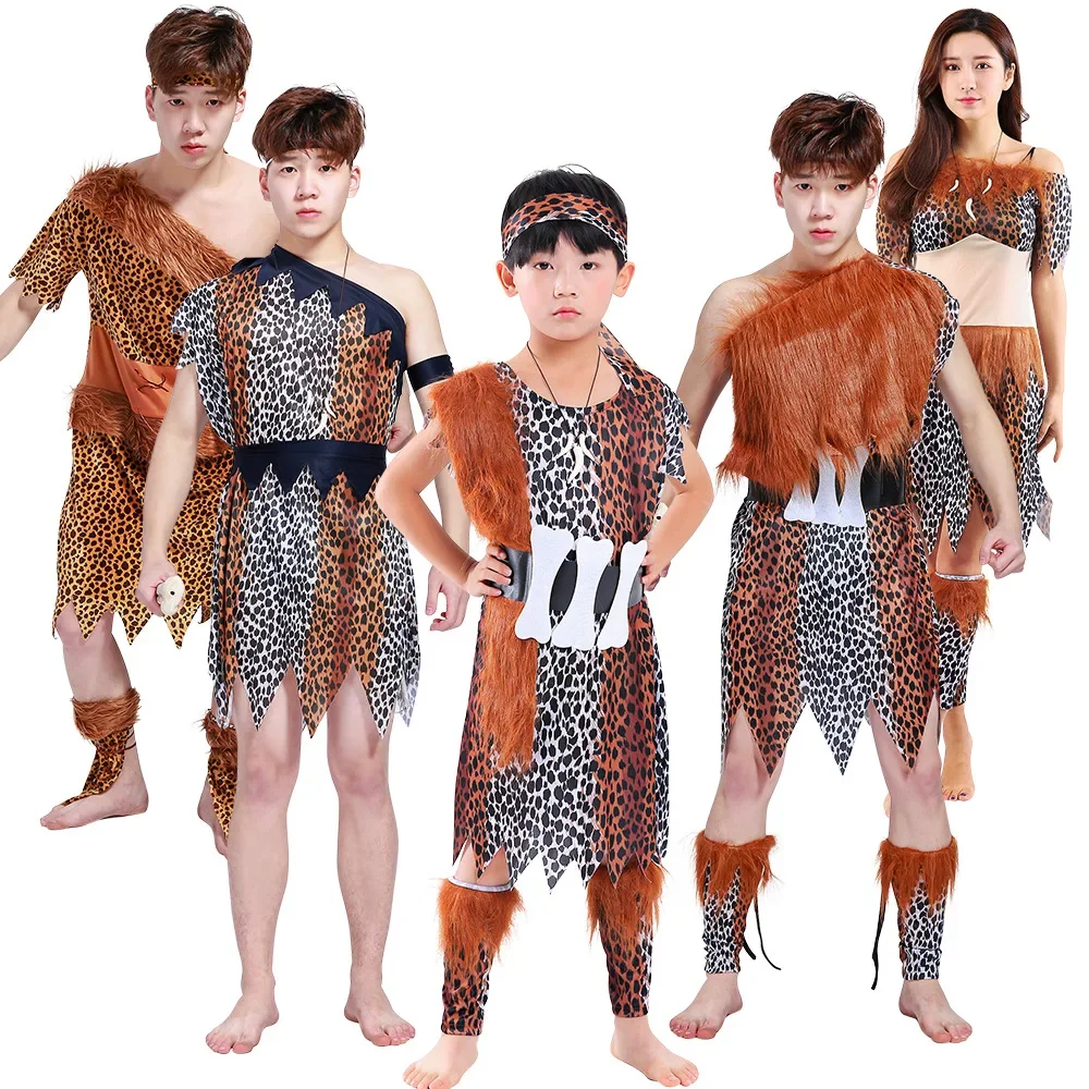 

Men Women's Boy Girls Savage Cave Costume Leopard Print Halloween Cosplay