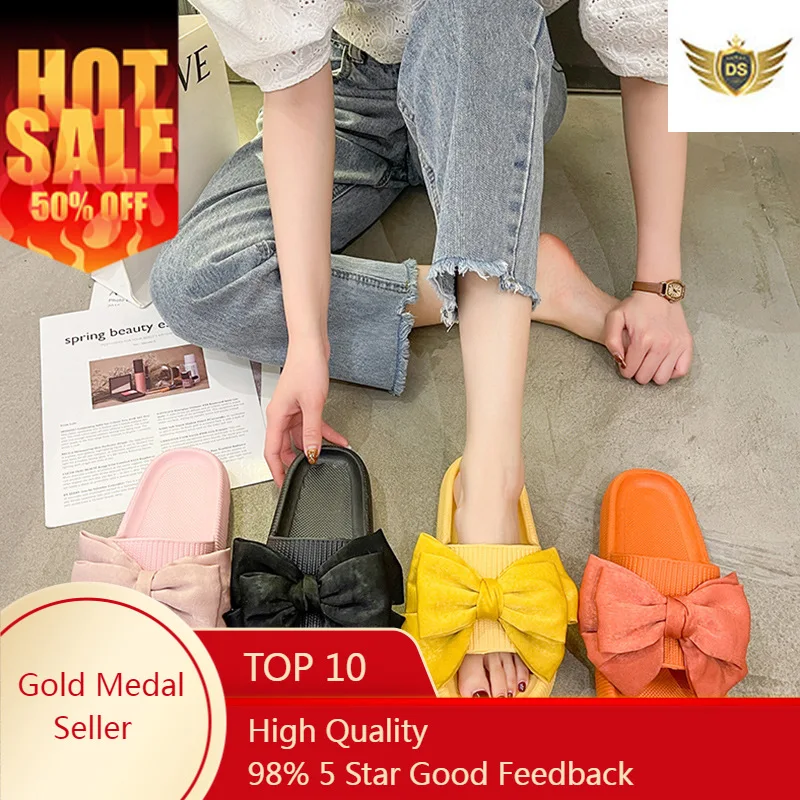 New bow tie Slippers Women Summer Thick Indoor Home Sandals Couples Bathroom Slides Non-slip Soft House Slippers femme