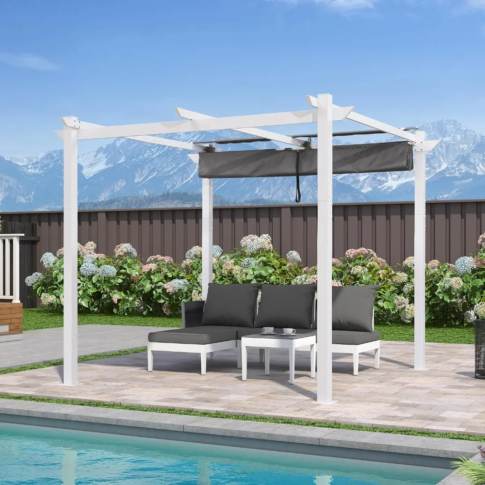 

10' x 10' Outdoor Retractable Pergola with Extra Sun Shade Roof and Heavy-Duty Aluminum Frame for Backyard Deck Patio White