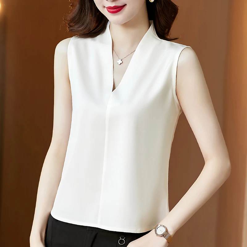 Casual Solid Color Sleeveless Shirts 2025 Summer Satin Blouse Women Tops V Neck Women Clothing Casual Ladies Shirts 13381